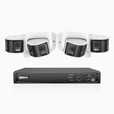FDH600 - 6MP 8 Kanal PoE Panorama Überwachungskamera-Set mit 2 Bullet Kameras & 2 Turm Kameras, zwei Objektiven, 180° Ultraweitwinkel, f/1.2 Superblende, BSI-Sensor, integriertes Mikrofon, aktive Sirene und Alarm, Personen-und Fahrzeugerkennung
